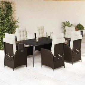vidaXL 7 pcs conjunto jantar p/ jardim c/ almofadões vime PE castanho