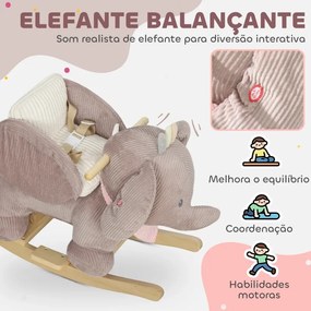Cavalo Baloiço para Bebés com Som de Elefante e Cinto de Segurança de 3 Pontos Base em Madeira de Álamo 65x35x50 cm Castanho