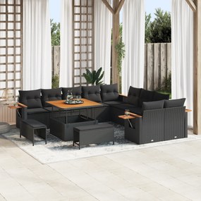 Conjunto de Sofá de Jardim vidaXL de 13 Peças com Almofadas Preto Rattan Acácia