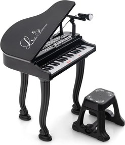 Teclado de piano para crianças com 37 teclas e banco multifuncional portátil com microfone LED e modo de ensino Preto
