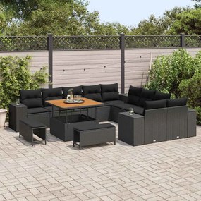 Conjunto de Sofá de Jardim vidaXL com Almofadas Preto Vime PE Acácia