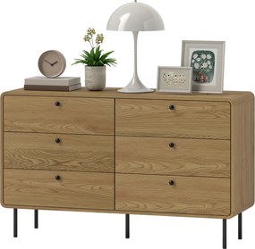 Cómoda com 6 gavetas, móvel de arrumação de estilo moderno, com cantos arredondados e pés em aço, 120 x 40 x 75 cm, com efeito de madeira de carvalho