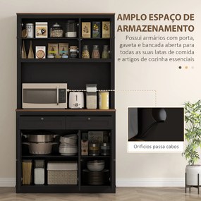 Armário de Cozinha com 3 Portas de Vidro Compartimento Aberto 2 Gavetas e Prateleiras Ajustáveis 100x40x180 cm Preto