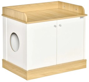 PawHut Casa para Gatos de Madeira Móvel Caixa de Areia para Gatos 2 em 1 com Bancada de Armazenamento Dupla Porta e Orifício de Entrada Lateral 75x53x67cm Branco e Carvalho