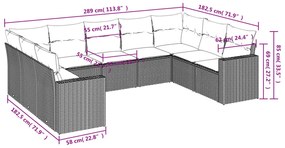 9 pcs conjunto sofás p/ jardim com almofadões vime PE cinzento