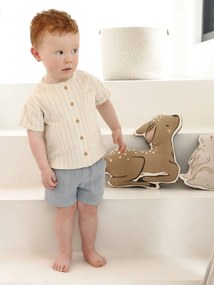 Conjunto de camisa às riscas efeito linho + calções em gaze, para bebé azul-acinzentado