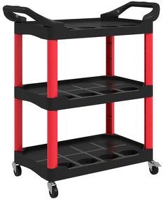 Carro de Oficina  de Ferramentas com 3 Prateleiras Rodas e Pegas para Garagem Oficina Casa 83x43x97 cm Vermelho e Preto