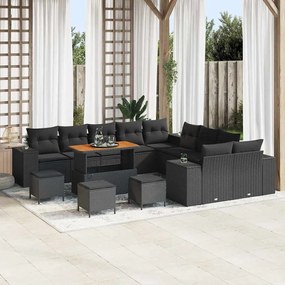 Conjunto de Sofá de Jardim vidaXL de 14 Peças com Almofadas Preto Rattan Poliéster Acácia