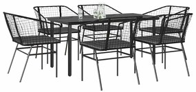 Conjunto de jantar jardim 7 peças almofadas vidro vime PE preto