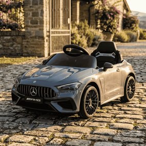 Carro elétrico para crianças Mercedes CLE 12V bateria de lítio, luzes LED, comando remoto de 2,4 GHz, ligação Bluetooth, licença ORIGINAL Cinzento