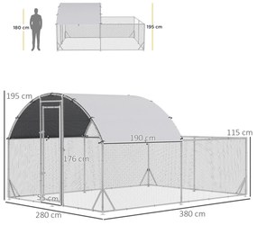Galinheiro de Exterior Grande 380x280x195cm Gaiola para 10-12 Galinhas de Aço Galvanizado com 2 Ambientes Teto com Cobertura de Tecido e Cerca para Co