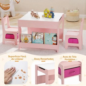 Conjunto de Mesa e 2 Cadeiras Infantis, 61,5 x 61,5 x 48 cm, Quadros de Giz e Branco Reversíveis, Rosa