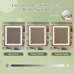 Conjunto de toucador com banco, espelho iluminado LED de 3 cores, mesa de maquilhagem e estação de carregamento integrada para quarto branco