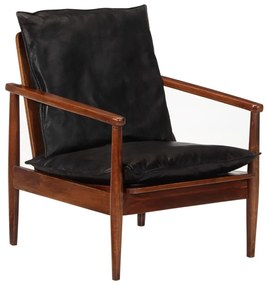 Cadeira c/ apoio braços couro genuíno e acácia maciça preto