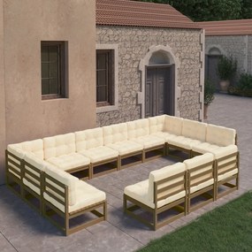 vidaXL 13 pcs conj. lounge jardim almofadões pinho maciço castanho mel