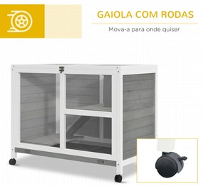 Coelheira de Madeira com Rodas 91,5x53,5x73cm Gaiola para Coelhos de 2 Níveis com Bandeja Amovível e Rampa Cinza