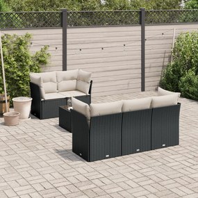 7 pcs conjunto de sofás p/ jardim c/ almofadões vime PE preto
