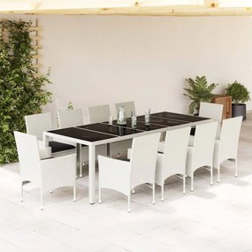 vidaXL 11pcs conjunto jantar jardim c/ almofadões vime PE/vidro branco