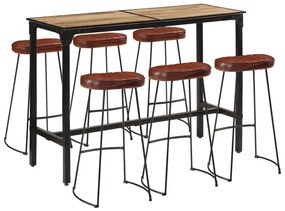 7 pcs conj. de bar madeira de mangueira áspera maciça e metal