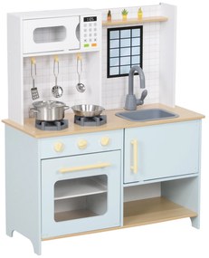 AIYAPLAY Cozinha de Madeira para Crianças acima de 3 Anos Cozinha de Brincar Infantil com Som Fogão Lavatório Micro-Ondas e Acessórios Azul | Aosom Portugal