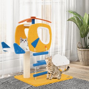 Arranhador para gatos com tema de aviação com poleiro de helicóptero Plataforma Escada 3 brinquedos Amarelo