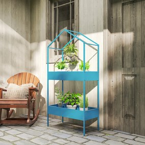 Prateleira para plantas de 2 níveis 75 x 35 x 150 cm, suporte para plantas em metal com gancho, suporte para vasos em forma de casa, azul