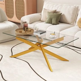 Mesa de centro 120 x 60 x 45,5 cm retangular com tampo de vidro e pernas tubulares modernas para sala de estar transparente e dourada