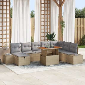 Conjunto de Sofá de Jardim 9 Peças com Almofadas Bege Rattan Sintético