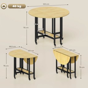 Mesa de jantar dobrável com rodas 100 x 100 x 75 cm (CADEIRAS NÃO INCLUIDAS), mesa de cozinha para 4 pessoas com prateleira integrada, cor carvalho