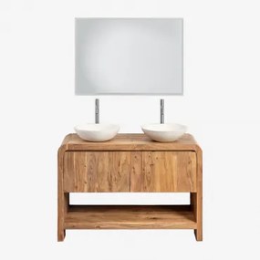 Conjunto De Móvel De Casa De Banho Em Madeira Vacry Castanho Acácia & 2 X Cimento Branco Redondo Ø40 Cm Zavion & Led - Sklum