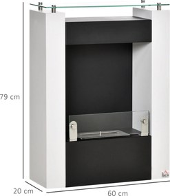 Lareira a bioetanol 60 x 20 x 79 cm com queimador de 0,9 L e tabuleiro de arrumação em vidro temperado, em aço preto e branco