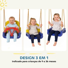 Balanço Infantil 3 em 1 para Interior e Exterior Corda Ajustável e Cinto de Segurança Idade 9-36 Meses Azul