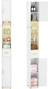 Armário de casa de banho alto de 181 cm estreito com 2 portas e prateleiras ajustáveis Faixa de luzes de 3 cores Branco