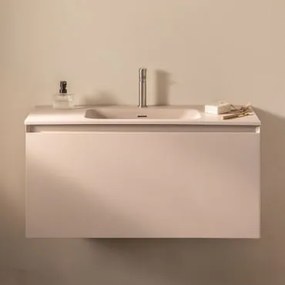 Conjunto De Móvel De Casa De Banho Suspenso Em Madeira Com Lavatório Integrado Macrae Crema Linho & Sem Espelho & - Sklum