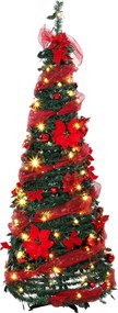 HOMCOM Árvore de Natal Artificial de 150 cm com 100 Luzes LED, 150 Ramos, 11 Modos, Bolas, Fitas e Base Dobrável, Verde e Vermelho | Aosom Portugal