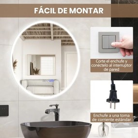 Espelho de casa de banho redondo com luz LED Brilho continuamente ajustável 3 temperaturas de cor Função anti-embaciamento e de memória 60 x 60 cm