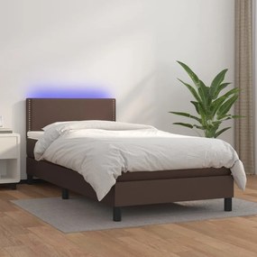 Cama box spring c/ colchão/LED 90x200 cm couro artif. castanho