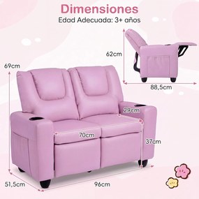 Sofá Infantil de 2 Lugares, 96 x 51,5 x 69 cm, Encosto e Apoio para os Pés Reclináveis, Rosa