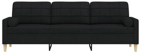 Sofá 3 lugares c/ almofadas decorativas 210 cm tecido preto