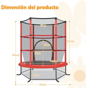 Trampolim infantil 165 cm com Rede de Segurança e Almofada de Mola Recreativa Estrutura de Aço Vermelho