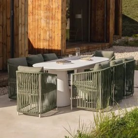Conjunto De Mesa Oval 220x95 Cm Em Cimento Noemi E 8 Cadeiras De Jardim Sophie Com Braços De Alumínio E Corda Trançada Verde Exército Claro - Sklum