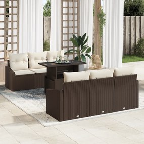 Conjunto de Sofá de Jardim de 7 Peças com Almofadas Castanho em Rattan