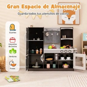 Cozinha brincar de madeira para crianças com frigorífico de brinquedo Forno de ardósia Fogão de brincar Torneira de fogão e lava-loiça 105 x 31,5 x 95