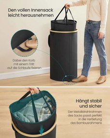 Cesto para roupa suja com tampa e saco removível 42,5 x 32,5 x 75 cm preto + bege natural