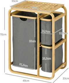 Cesto para roupa suja em bambu, 3 cestos - 49 L x 33 P x 70 A cm, cinzento