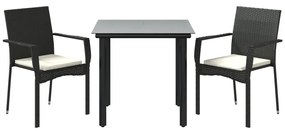 3 pcs conjunto de jantar p/ jardim c/ almofadões vime PE preto