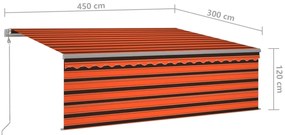Toldo autom. LED e sensor de vento 4,5x3 m laranja e castanho