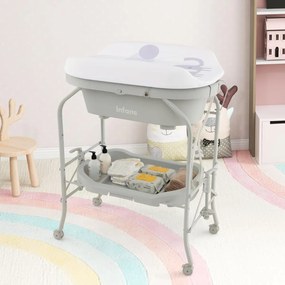 Troca-fraldas com banheira dobrável e portátil para bebés com bandeja de armazenamento e 4 rodas universais com travas, carga 35 kg, cinza