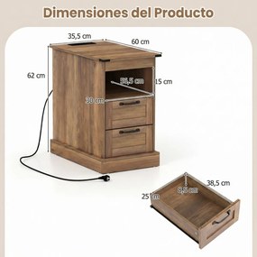 Conjunto de 2 mesas de cabeceira, mesas apoio rústicas com estação de carregamento e 2 gavetas Pretas e castanho rustico