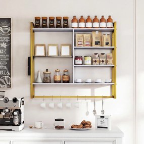 Prateleira suspensa moderna 107 x 24 x 96 cm, 6 níveis, 8 ganchos e bolso lateral para cozinha, bar ou casa – Dourada e Branco
